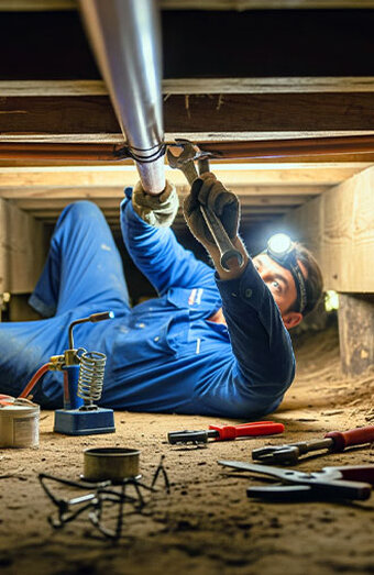 Plumber Fixing Pipe Under Floor